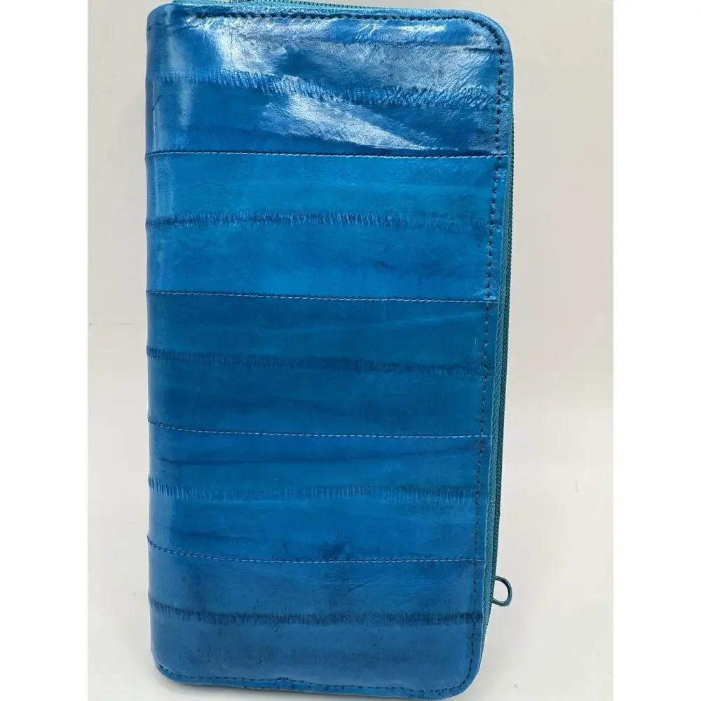 Eel Skin Leather Wallet Turquoise Blue Organizer Clutch + Keychain Vintage Teal - Picture 10 of 15